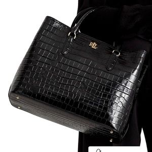 🖤 Ralph Lauren Crocodile Embossed Black Leather Large Satchel NEW WITH TAGS
